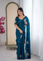 Evanik Designer Heavy Fendy Satin With Beads Embroidered Work Saree With Unstitched Blouse | Grocsy