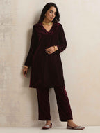 trueBrowns Purple Velvet Kurta Co-ord Set | Grocsy