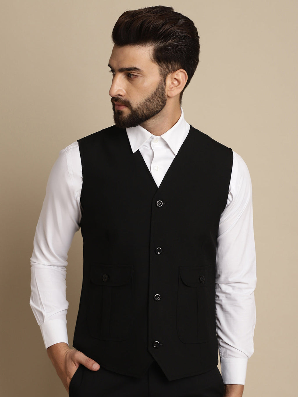 Even Apparels Men's Black Waistcoat With Patch Pocket | Grocsy