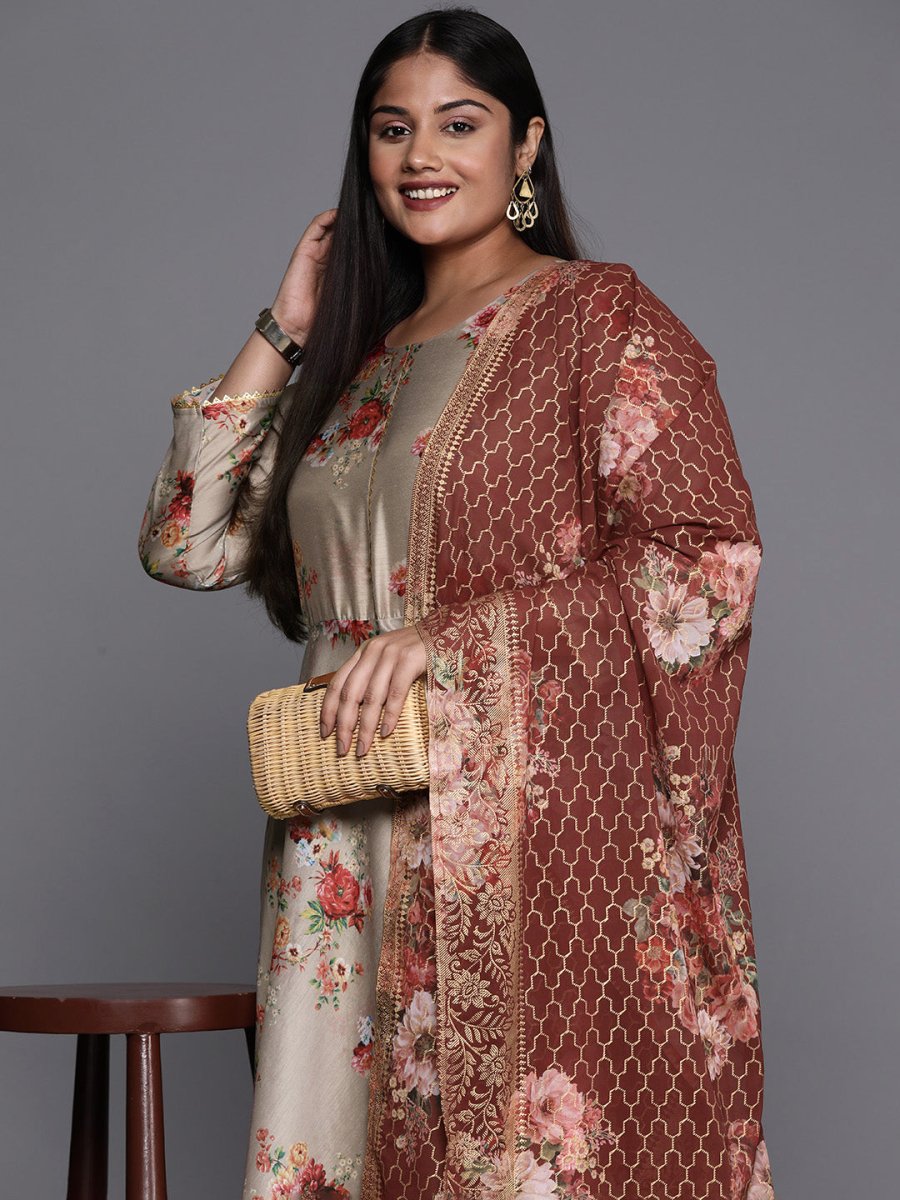 Ahalyaa Plus Size Round Neck Maxi Ethnic Dress With Dupatta | Grocsy