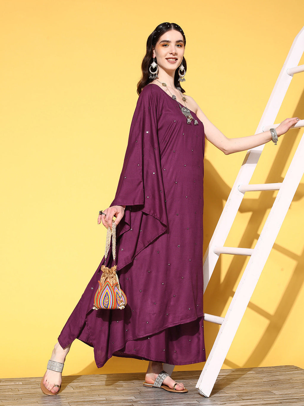 InWeave Women's Wine Mirror Work One Shoulder Kurta Set | Grocsy