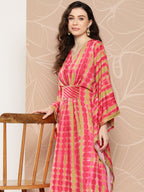 Ahalyaa Women Printed Flared Sleeves Gotta Patti Belted Detail Crepe Kaftan Kurta | Grocsy