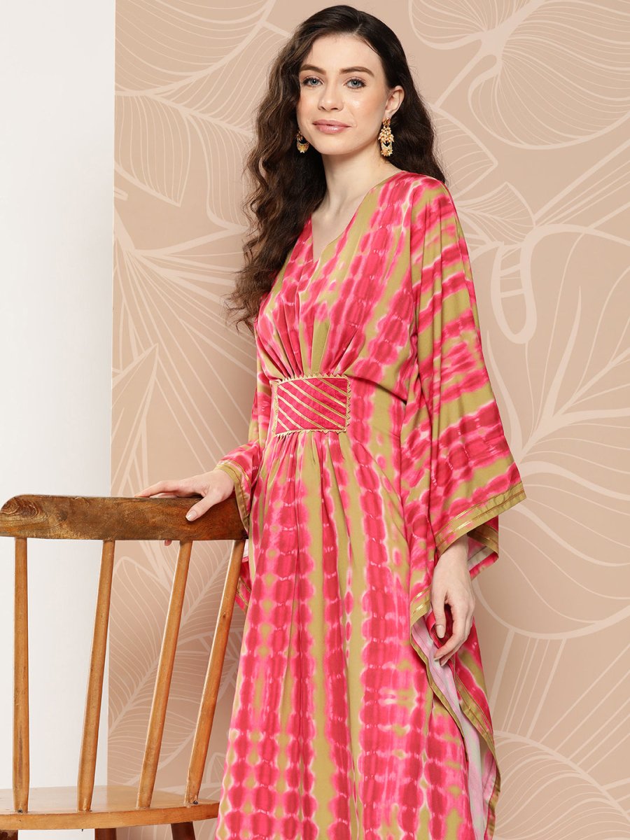 Ahalyaa Women Printed Flared Sleeves Gotta Patti Belted Detail Crepe Kaftan Kurta | Grocsy