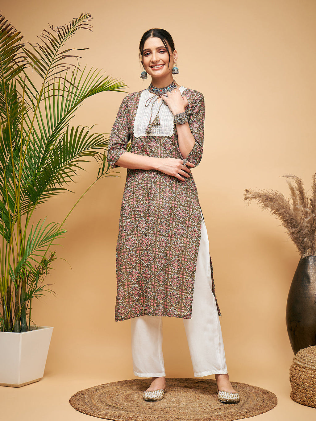 InWeave Women's Green Red Ajrakh Print Cotton Patch Work Straight Kurta | Grocsy