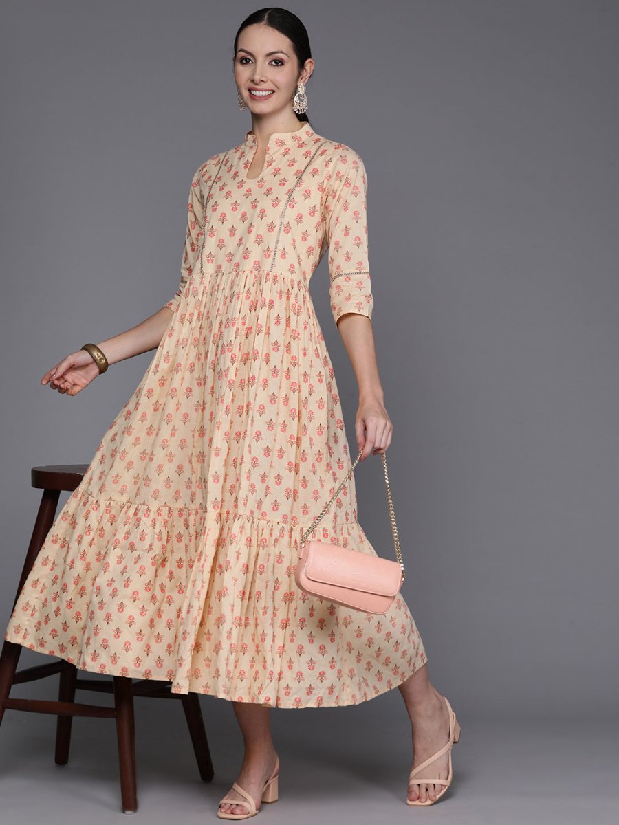 Ahalyaa Floral Print Mandarin Collar Tiered Midi Pure Cotton Ethnic Dress | Grocsy