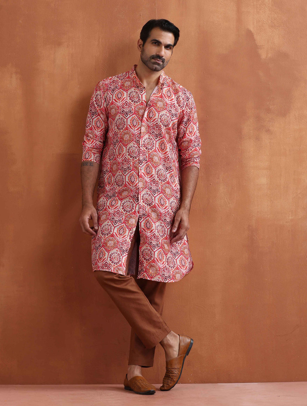trueBrowns Men's Beige Printed Front Open Kurta | Grocsy