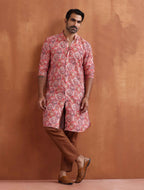 trueBrowns Men's Beige Printed Front Open Kurta | Grocsy