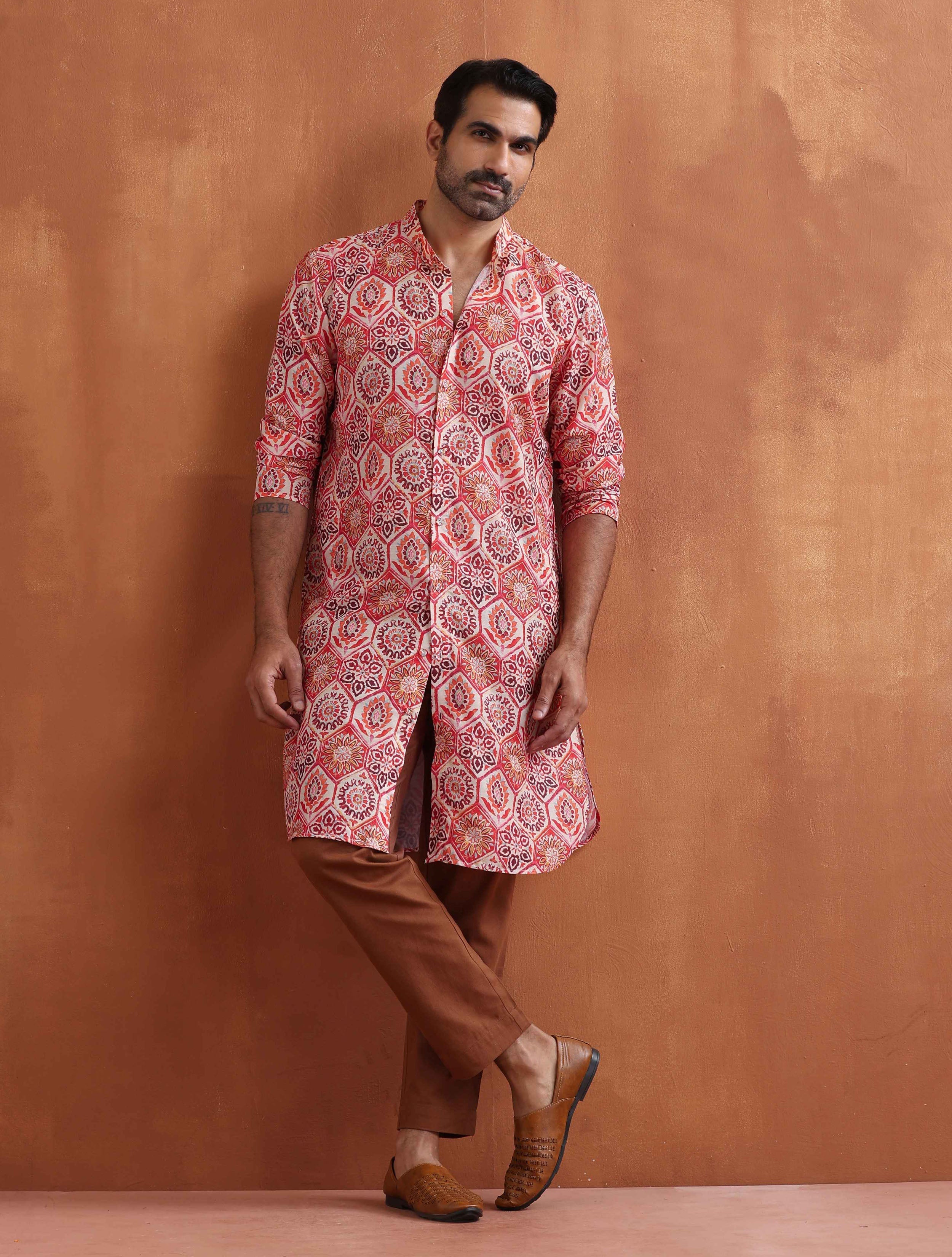 trueBrowns Men's Beige Printed Front Open Kurta | Grocsy