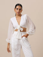 trueBrowns Chiffon White Dobby Tie Up Top | Grocsy