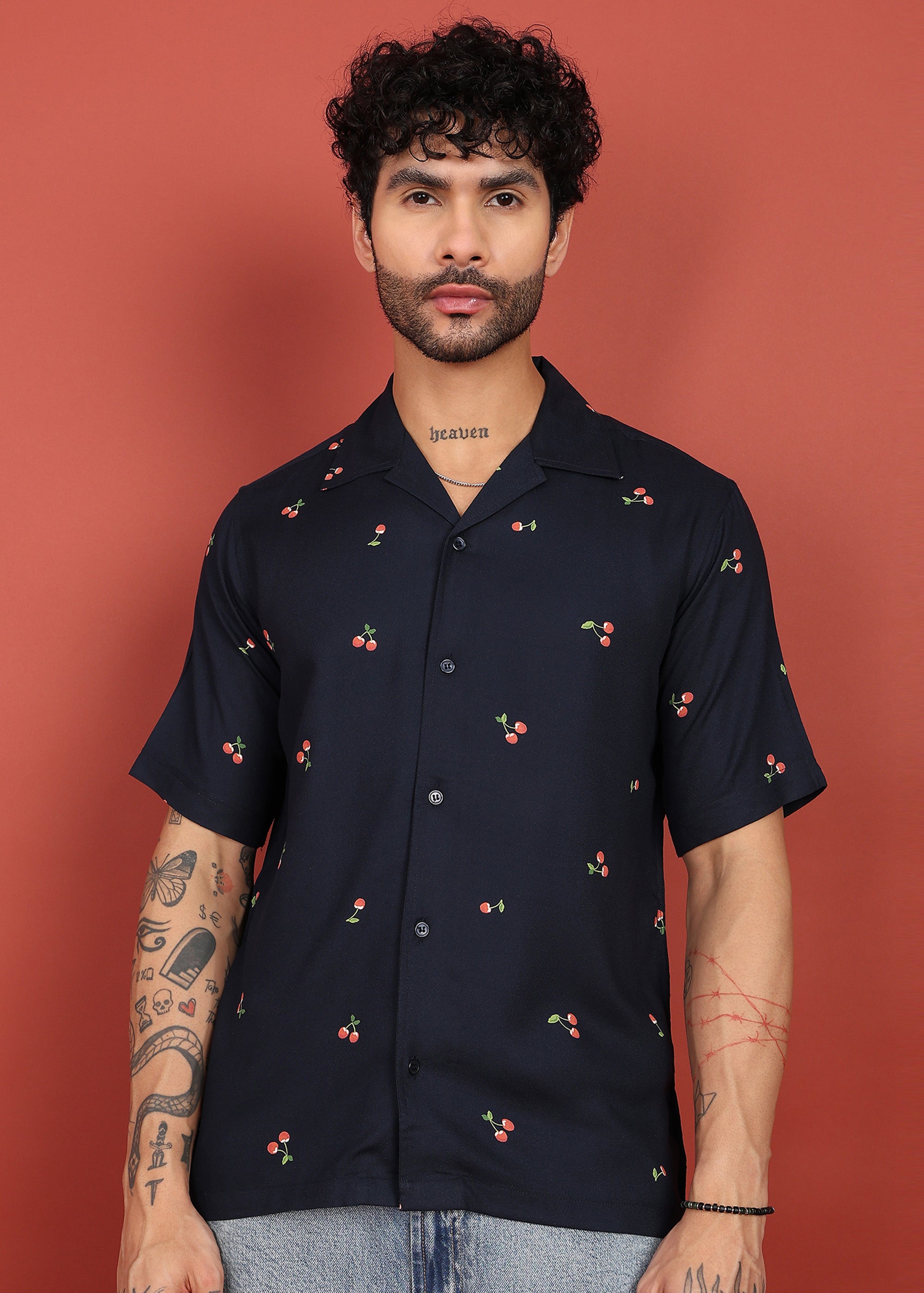 Fabmade Midnight Cherry Printed Cuban Collar Shirt | Grocsy