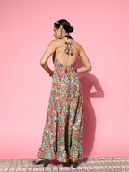 InWeave Women's Green Paisley Print Back Detail Long Dress | Grocsy