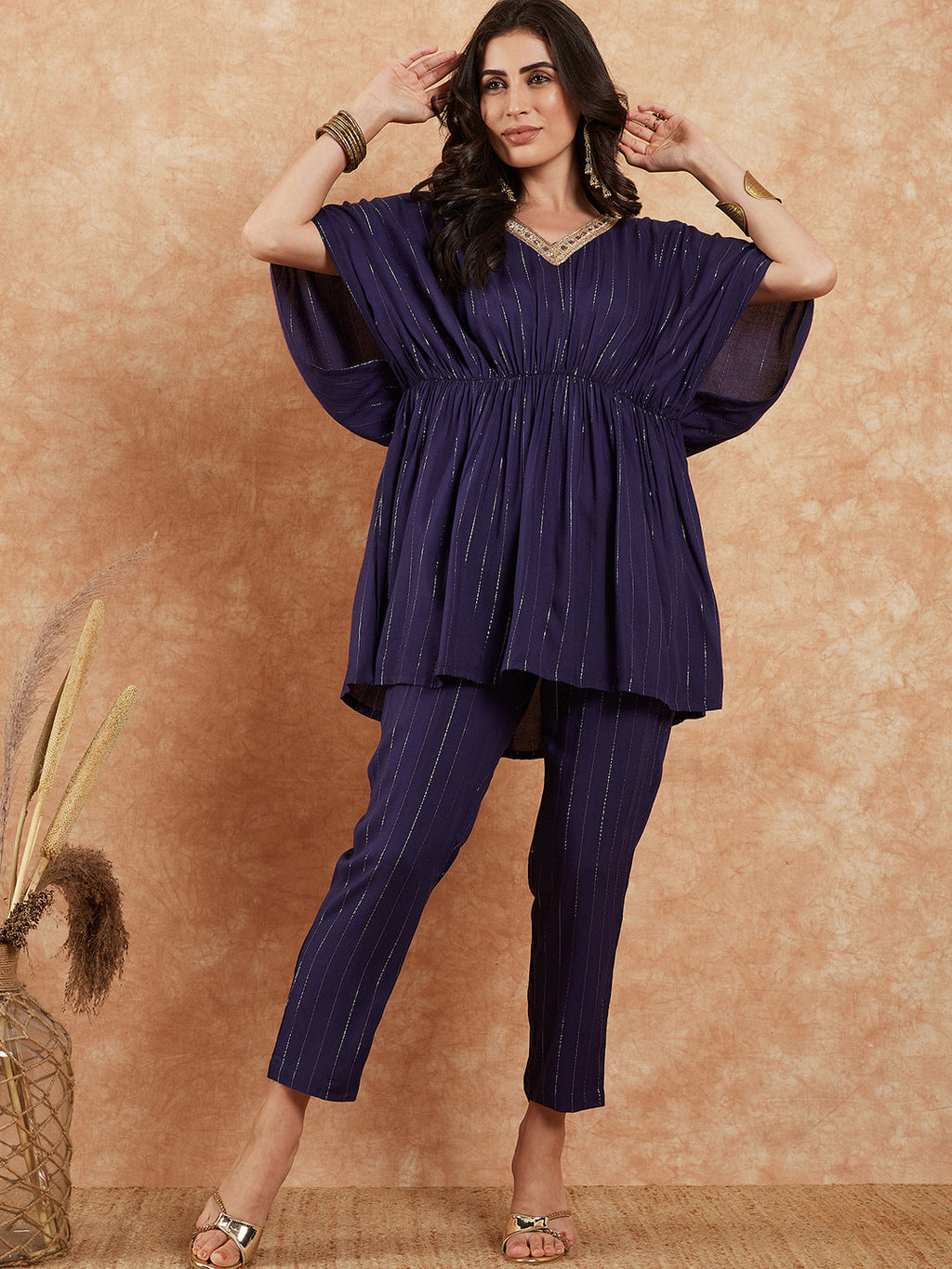 InWeave Women's Royal Blue Lurex V Neck Gota Kaftan Style Kurta Set | Grocsy