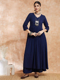 InWeave Women's Royal Blue Chikankari Long Anarkali Kurta Sharara Set | Grocsy