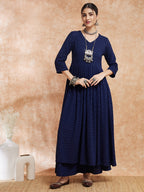 InWeave Women's Royal Blue Chikankari Long Anarkali Kurta Sharara Set | Grocsy