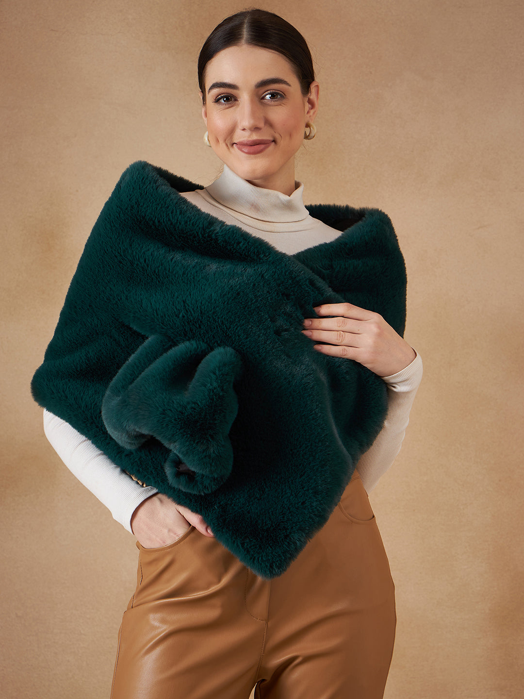 InWeave Women's Dark Teal Long Faux Fur Cape | Grocsy