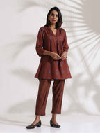trueBrowns Brown Cotton Print Pleated Top & Pants Co-ord Set | Grocsy