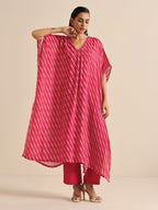trueBrowns Pink Lehariya Printed Silk Kaftan Pant Set | Grocsy