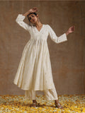 trueBrowns Ivory Gold Cotton Kalidar Kurta Set | Grocsy
