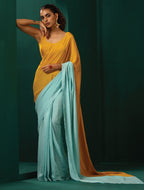 trueBrowns Blue Mustard Muslin Silk Ready to Wear Saree | Grocsy