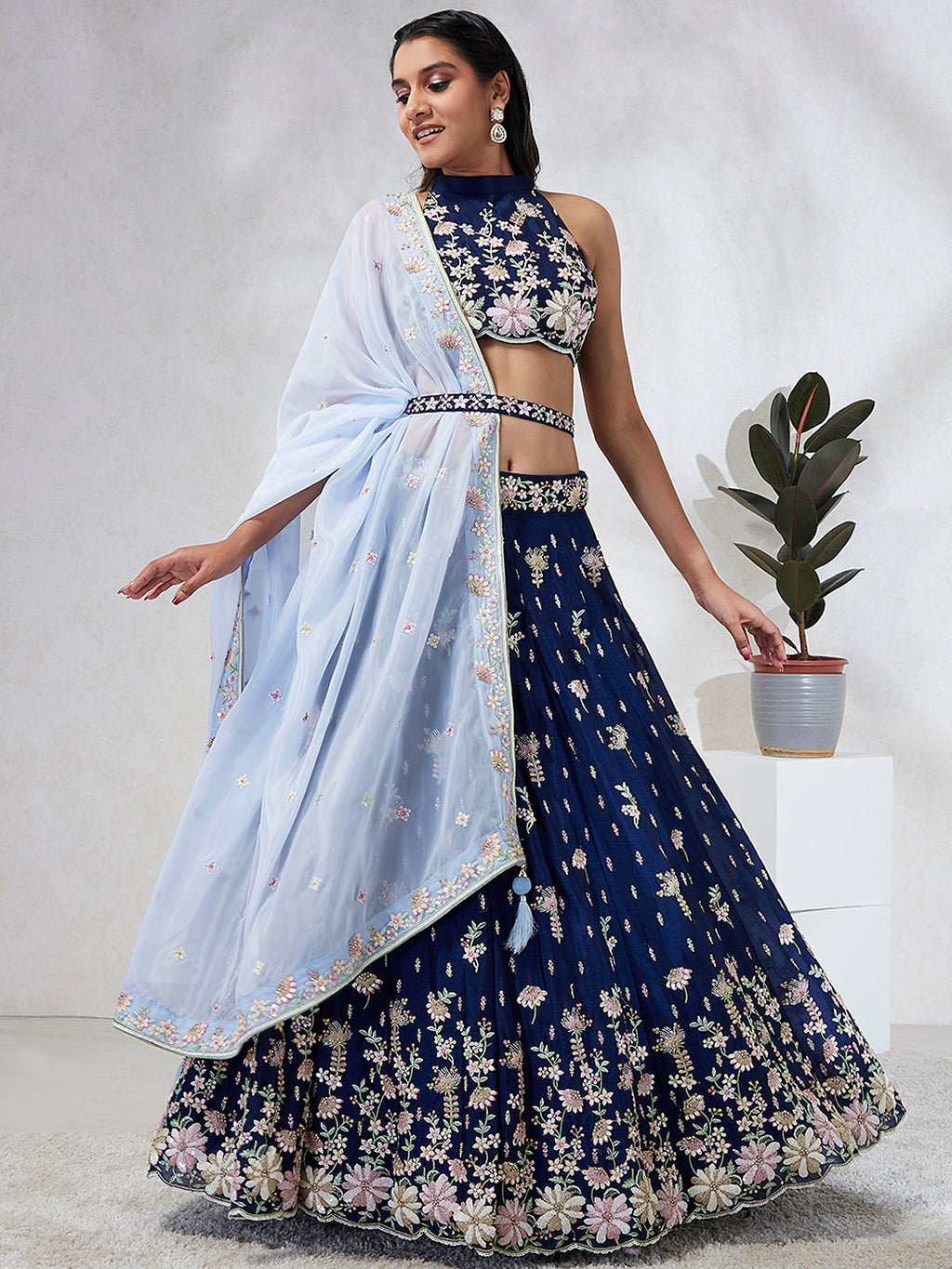 House of Panchhi Navy Blue Pure Georgette Sequins And Thread Embroidery Lehenga Choli & Dupatta | Grocsy