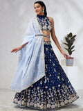 House of Panchhi Navy Blue Pure Georgette Sequins And Thread Embroidery Lehenga Choli & Dupatta | Grocsy