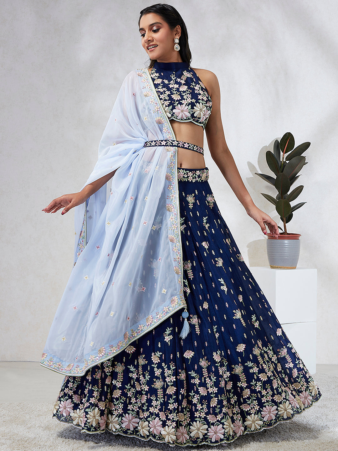 House of Panchhi Navy Blue Pure Georgette Sequins And Thread Embroidery Lehenga Choli & Dupatta | Grocsy