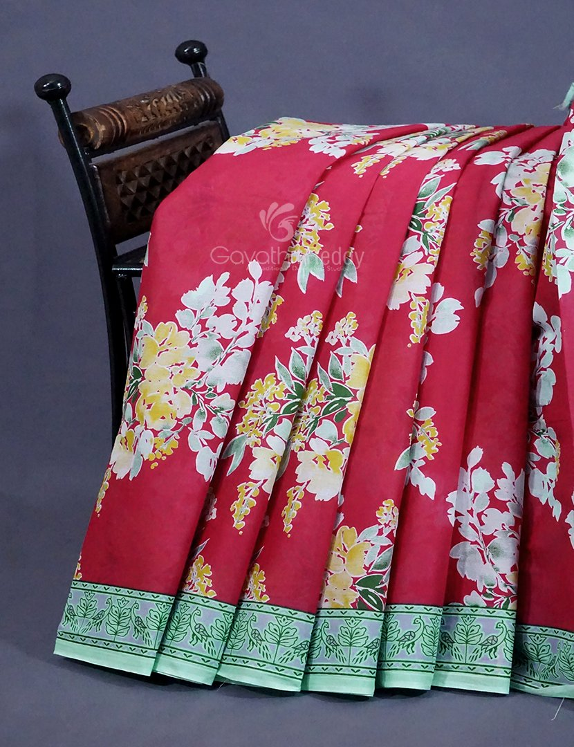 Tomato Red Colour Block Print Pure Mulmul Cotton Saree By Gayathri Reddy Designer Studio | Grocsy