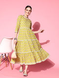 InWeave Women's Yellow Floral Print Tiered Dress With Lace | Grocsy