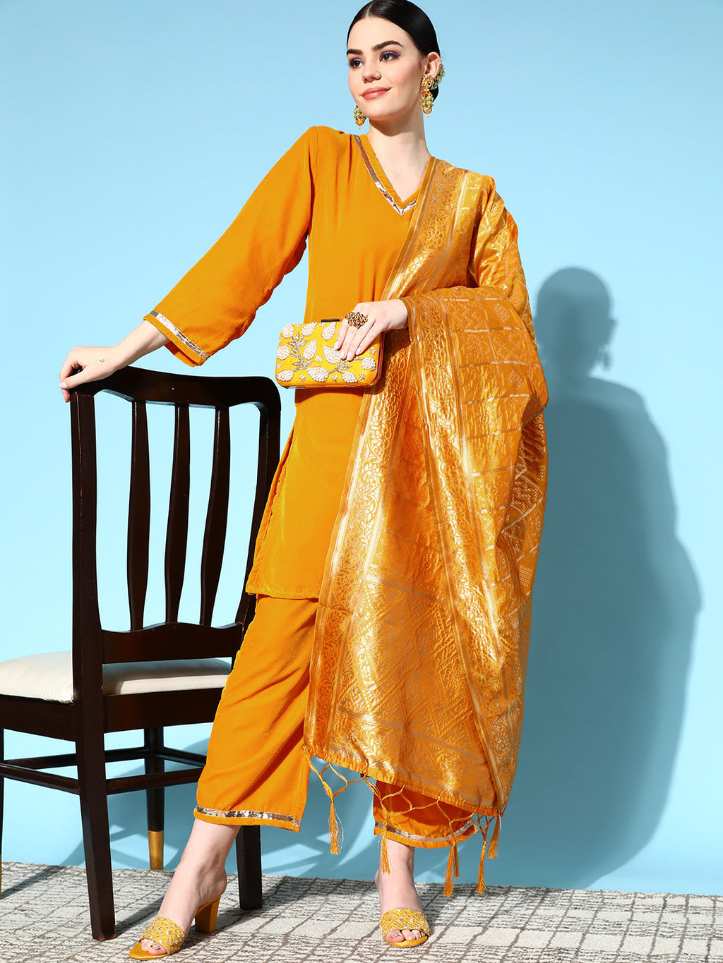 InWeave Women's Mustard Velvet Kurta Set With Mustard Gold Dupatta | Grocsy