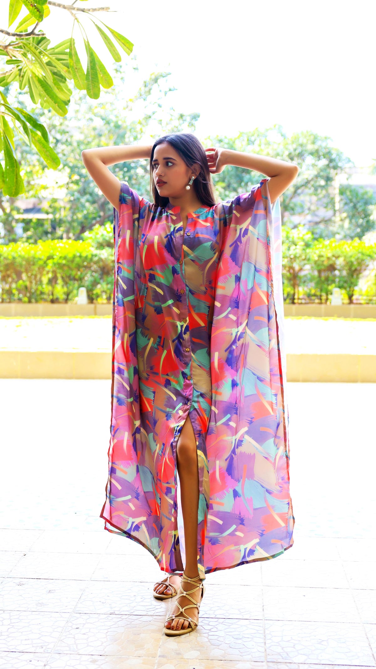Noroke Sustainable fabric | Bemberg Abstract Printed Shirt Style Kaftan | Grocsy