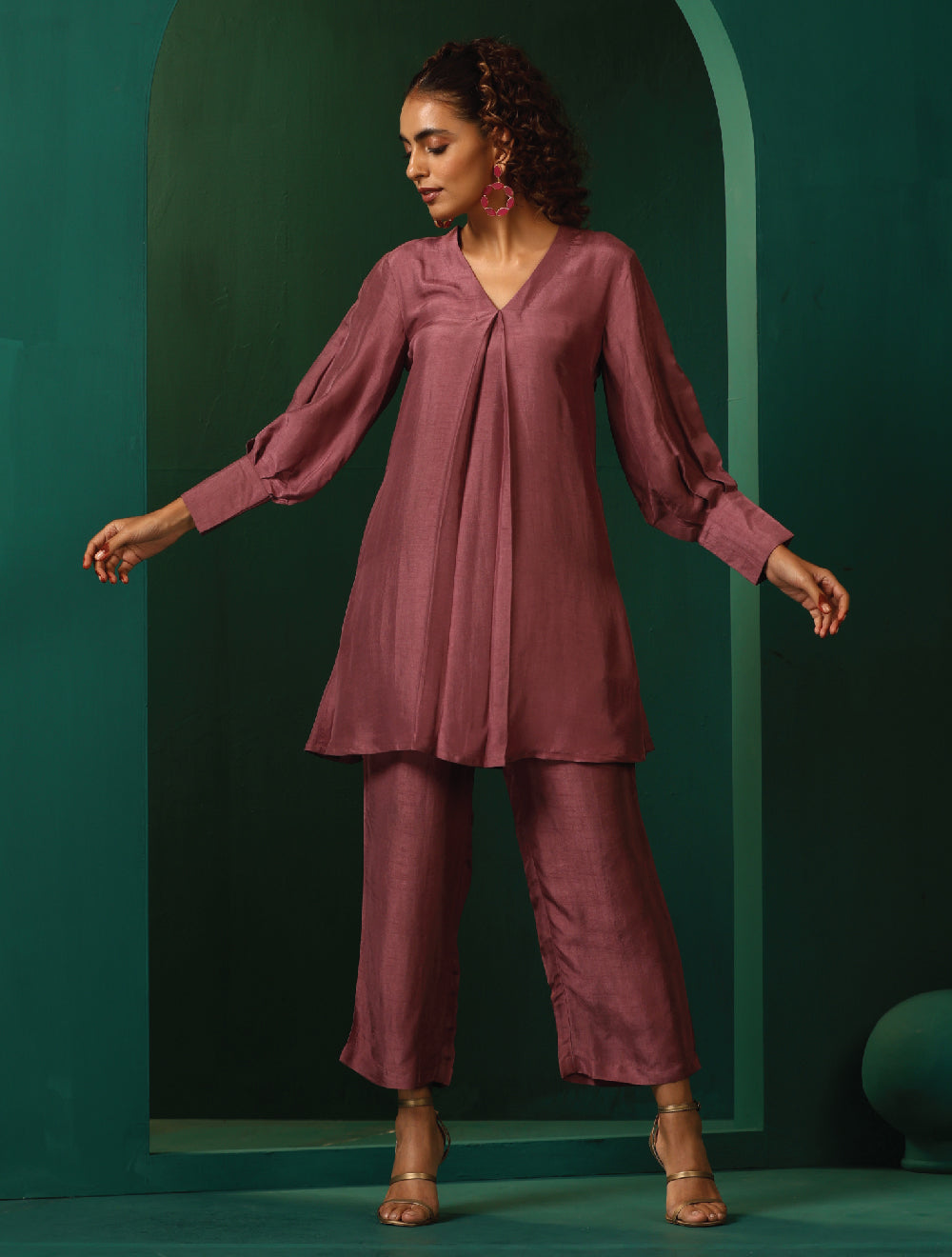trueBrowns Light Mauve Silk Front Pleat Co-ord Set | Grocsy