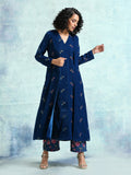 trueBrowns Blue Embroidered Velvet Overlay Jacket | Grocsy