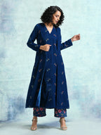 trueBrowns Blue Embroidered Velvet Overlay Jacket | Grocsy