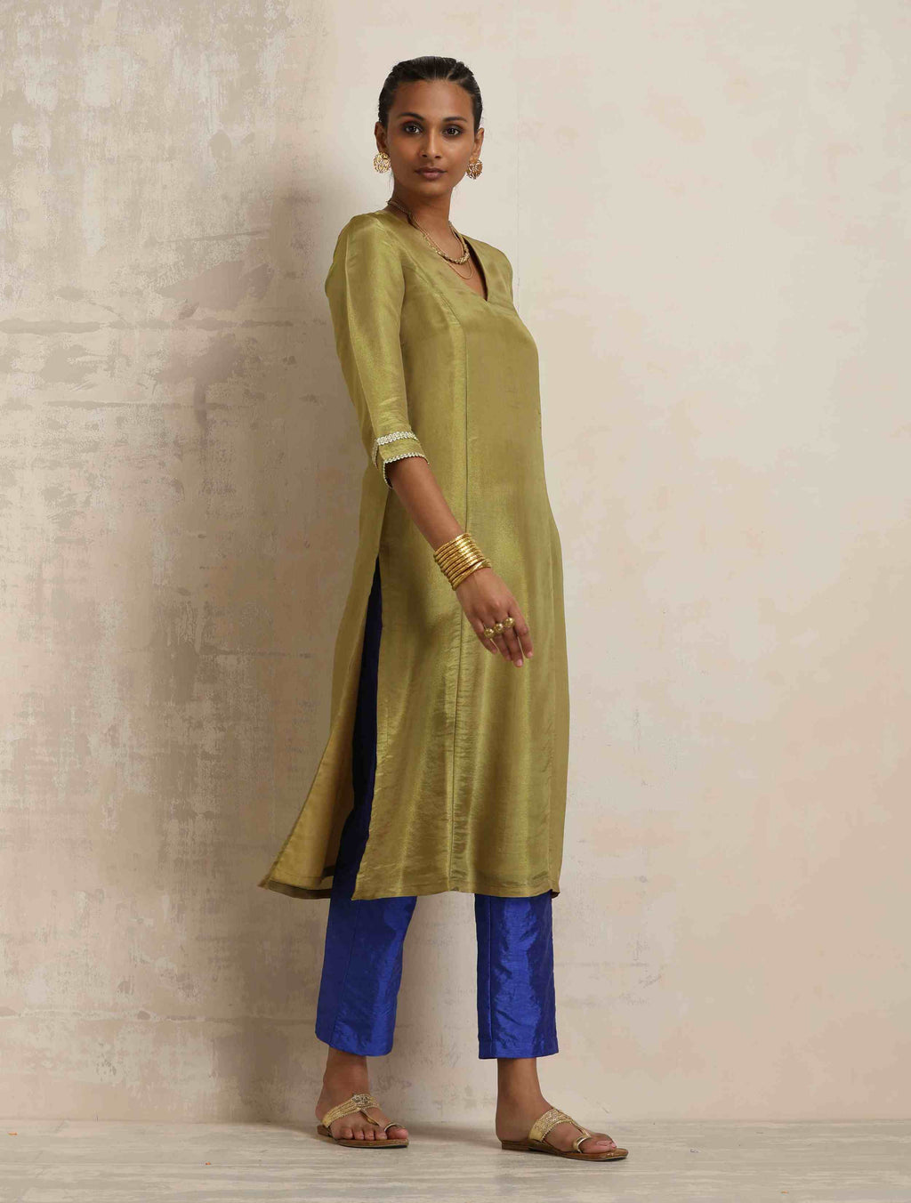 trueBrowns Green Tissue Straight Kurta Set | Grocsy