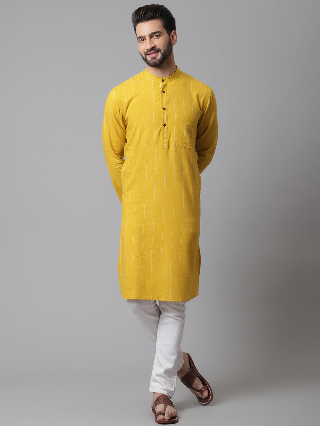 Even Apparels Yellow Pure Cotton Kurta With Band Collar | Grocsy