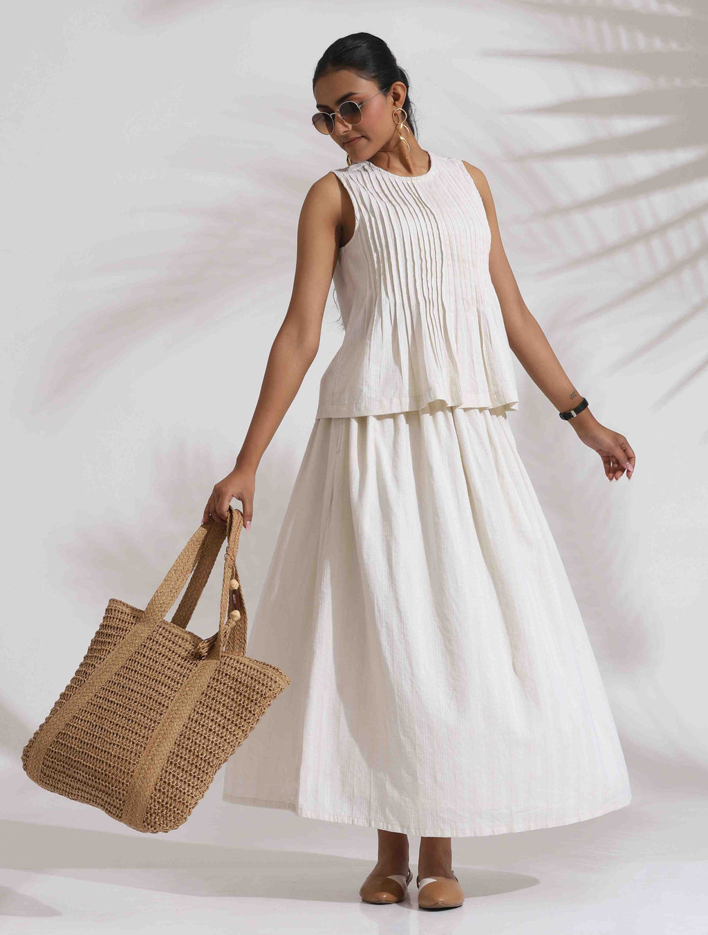 trueBrowns Off-White Cotton Skirt Co-ord Set | Grocsy