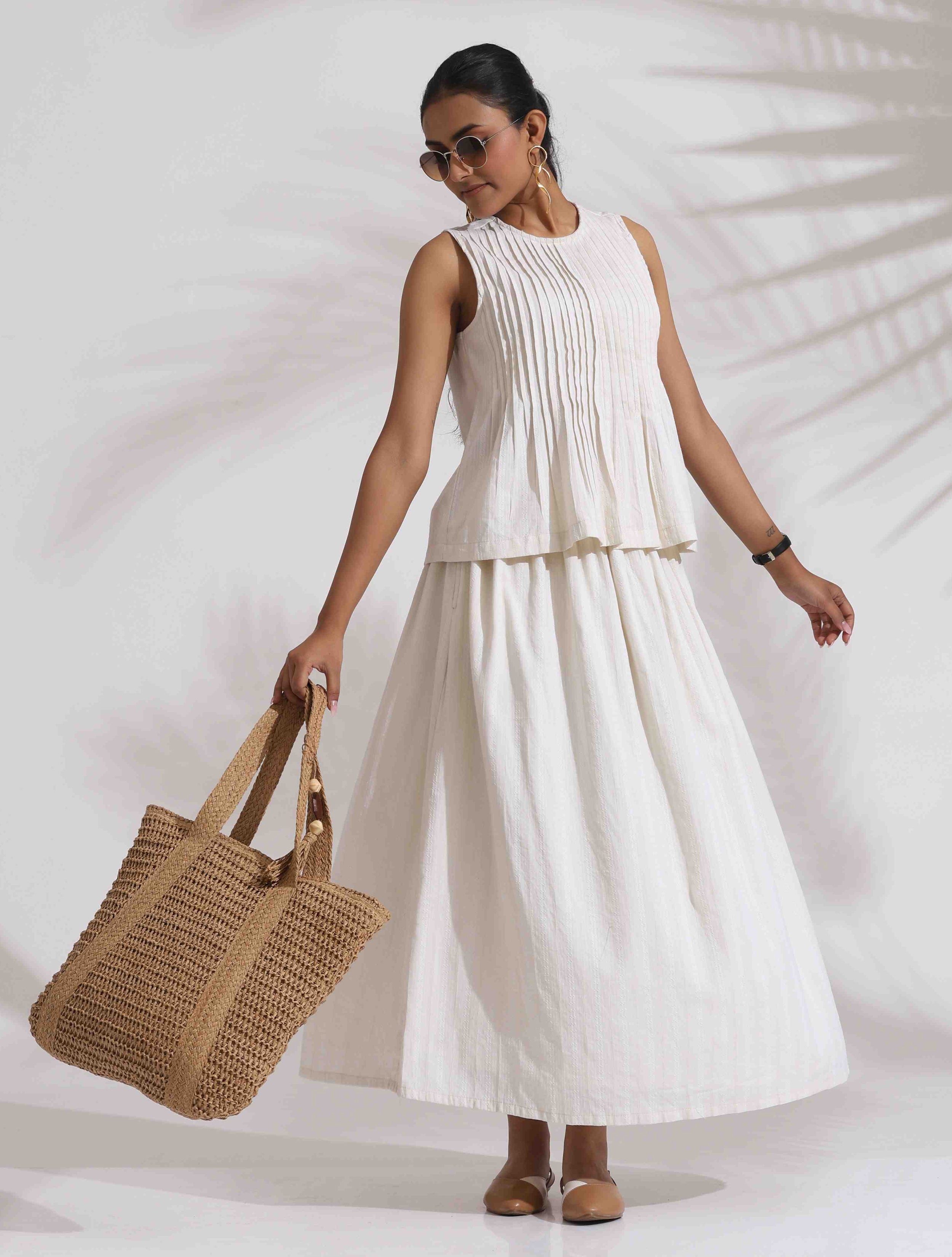 trueBrowns Off-White Cotton Skirt Co-ord Set | Grocsy