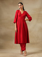 trueBrowns Maroon Textured Silk Overlap Pleat Kurta Pant Set | Grocsy