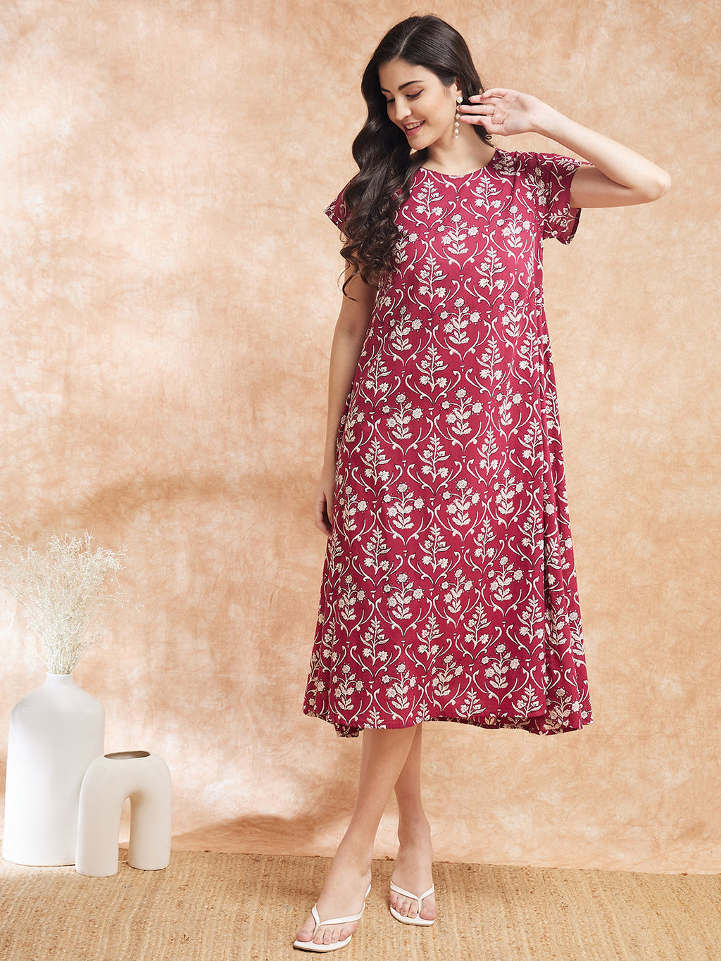 InWeave Women's Wine Cream Floral Print A Line Dress | Grocsy