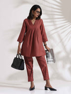 trueBrowns Pink Slub Pleated Co-ord Set | Grocsy