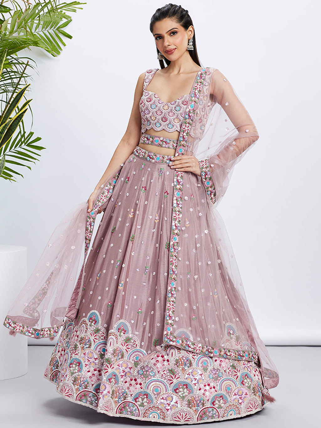 House of Panchhi Lavender Georgette Sequins And Thread Embroidery Lehenga Choli & Dupatta | Grocsy