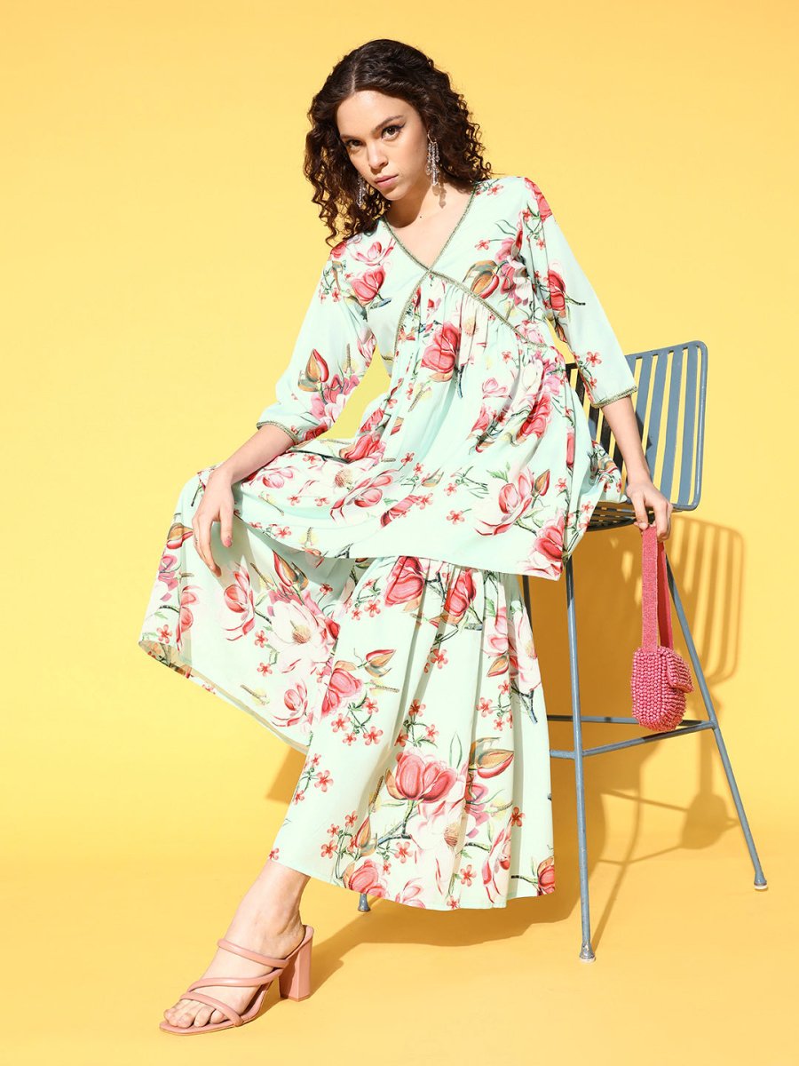 Ahalyaa Women Floral Printed Pleated Kurti with Sharara | Grocsy