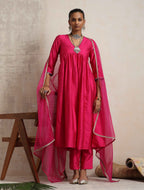 trueBrowns Pink Silk Anarkali Kurta Pant Dupatta Set | Grocsy