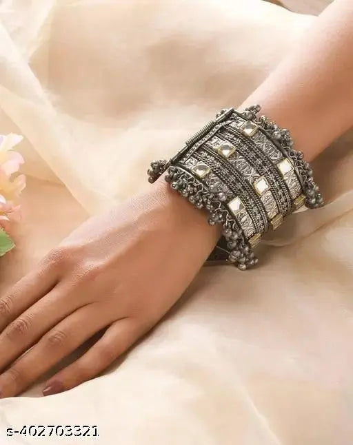 Tehzeeb Creations Women's Silver Colour Oxidised Bangle With Kundan | Grocsy