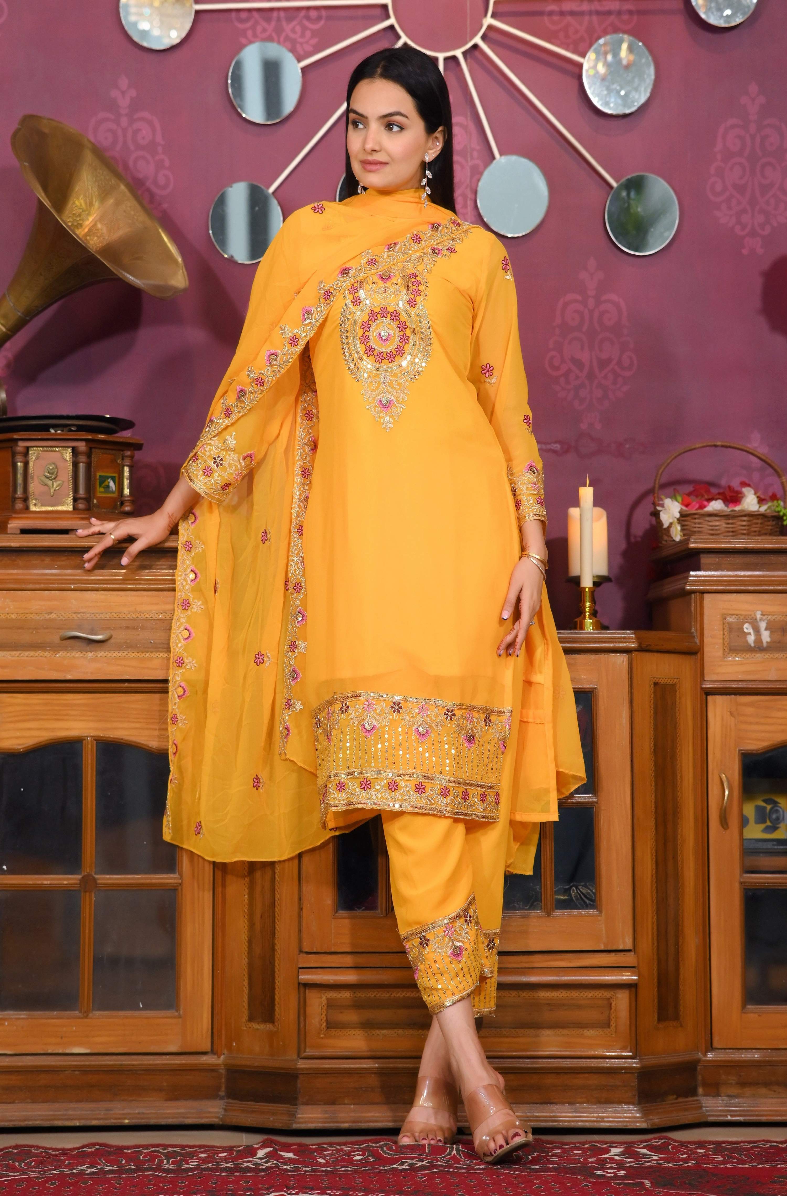 Teeya Creation Yellow Color Faux Georgette Silk Heavy Embroidery Work Fully Stitched Salwar Suit | Grocsy