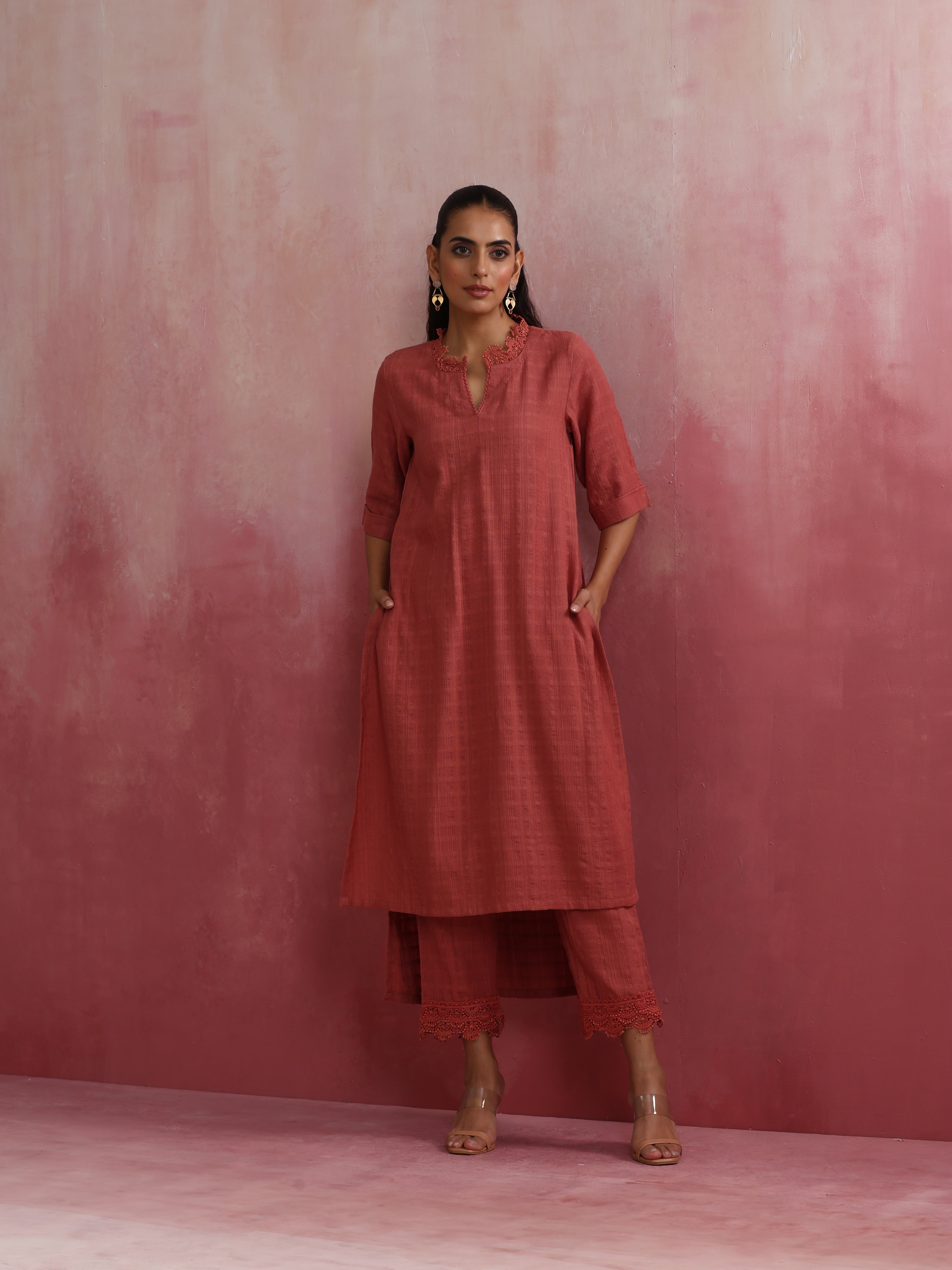 trueBrowns Peach High low Cotton Dobby Kurta Set | Grocsy