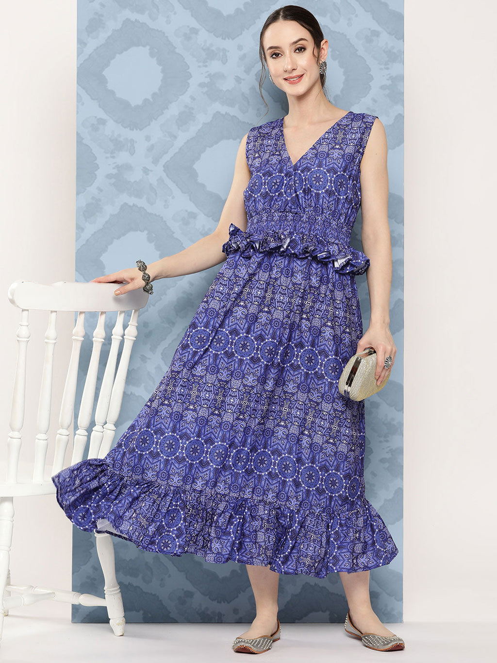 InWeave Women's Blue Floral Paisley Print Long Frill Dress | Grocsy