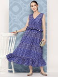 InWeave Women's Blue Floral Paisley Print Long Frill Dress | Grocsy