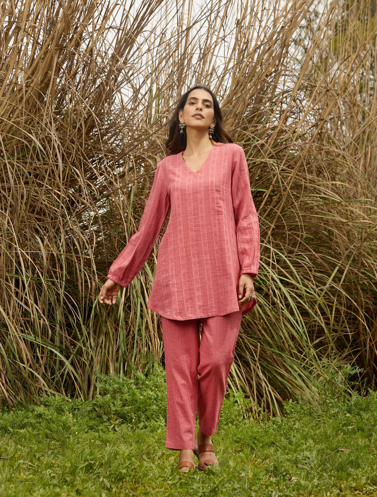trueBrowns Coral Cotton Dobby Relaxed Co-ord Set | Grocsy