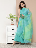 InWeave Women's Teal Lurex Boho Kurta Set With Aqua Leh Organza Dupatta | Grocsy